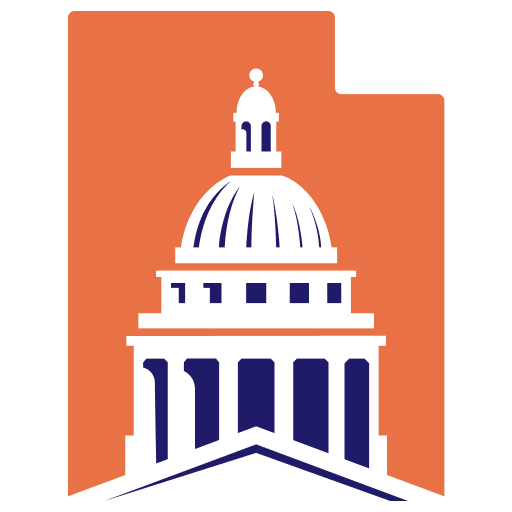 Stylized image of the Utah Capital dome in white and blue on a orange background the shape of Utah